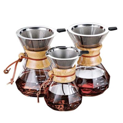 B2B Custom 400ml Glass Pour Over Coffee Brewer|Stainless Steel Filter&Wood Sleeve|Camping Brewing Pot