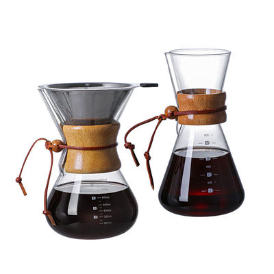 B2B Custom 400ml Glass Pour Over Coffee Brewer|Stainless Steel Filter&Wood Sleeve|Camping Brewing Pot