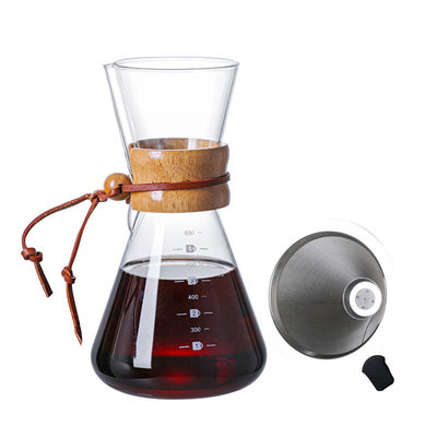 B2B Custom 400ml Glass Pour Over Coffee Brewer|Stainless Steel Filter&Wood Sleeve|Camping Brewing Pot
