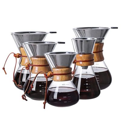 B2B Custom 400ml Glass Pour Over Coffee Brewer|Stainless Steel Filter&Wood Sleeve|Camping Brewing Pot