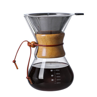 B2B Custom 400ml Glass Pour Over Coffee Brewer|Stainless Steel Filter&Wood Sleeve|Camping Brewing Pot