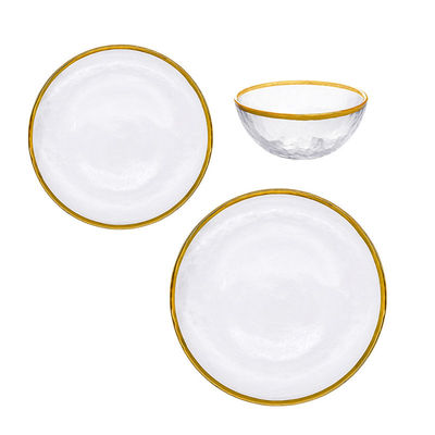 Custom Hand Blown13 Inch Glass Charger Plate with Bowl set with Gold Rim Heavy Duty Durable for Dinner