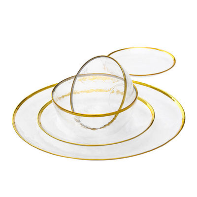Custom Hand Blown13 Inch Glass Charger Plate with Bowl set with Gold Rim Heavy Duty Durable for Dinner